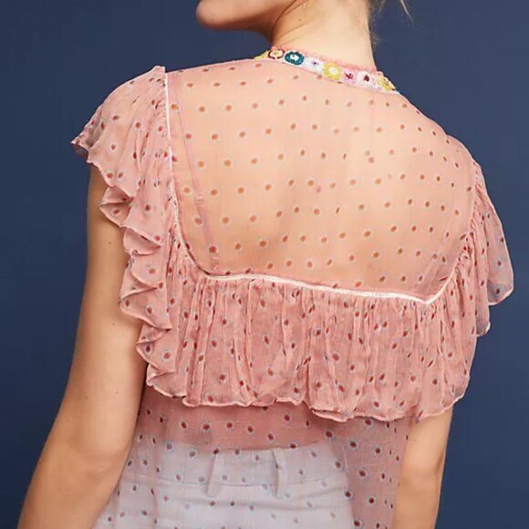 Varun Bahl Beaded Ruffled Nude Pink Polka Dot Sheer Cupro Button Up Blouse XS - Picture 10 of 11